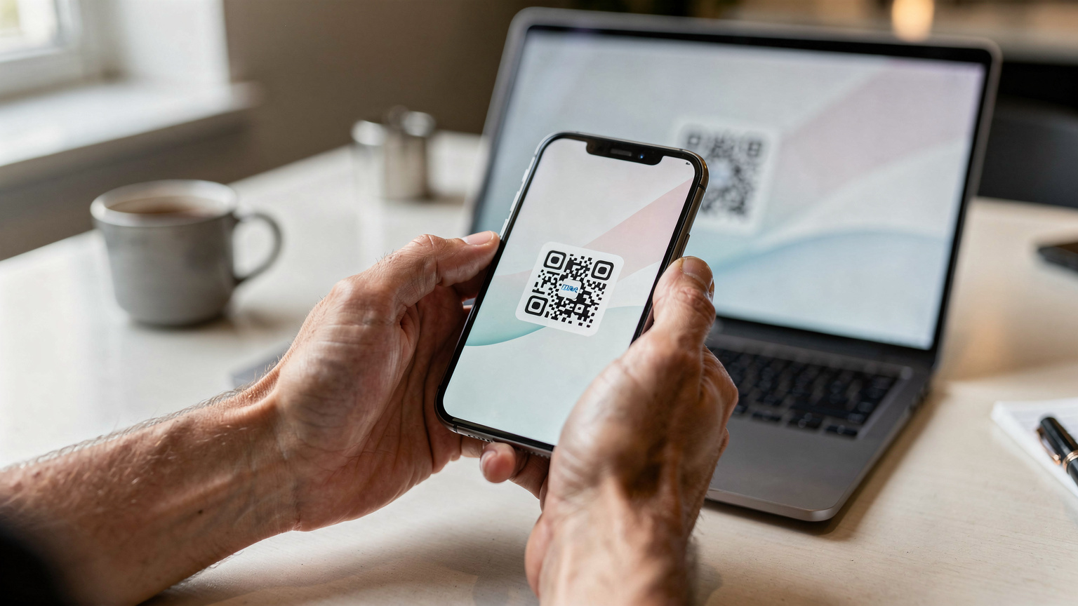 Close-up of human hands holding a smartphone, with a QR code displayed on a computer screen in the background, showing the eSIM activation process.