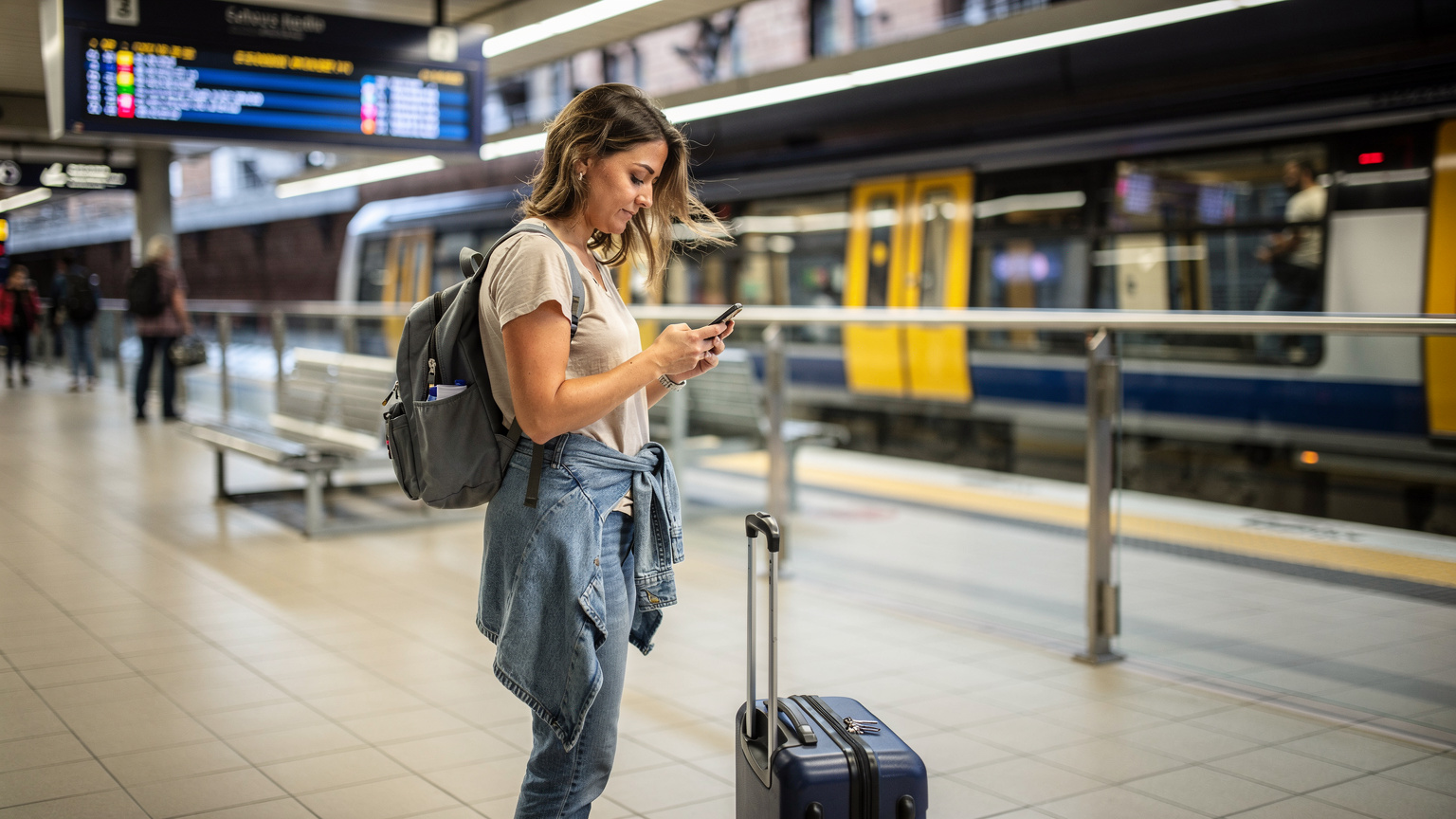 A traveler uses their phone to navigate public transport in Sydney, looking at train information on a digital display.