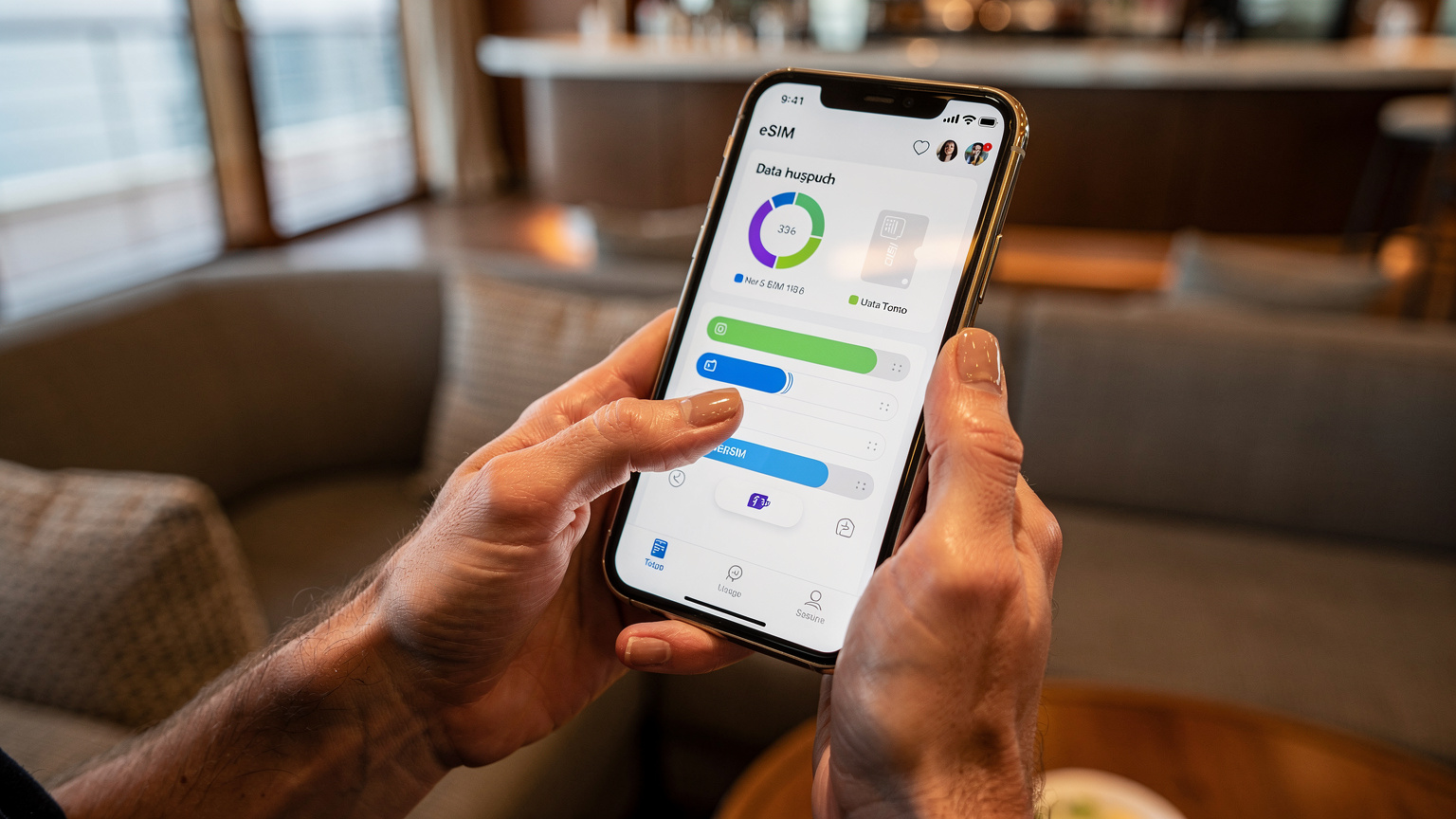 A parent's hands, gently and efficiently tapping through an eSIM management app on a smartphone, showing options for data top-ups or usage monitoring, with a blurred backdrop of a ship's lounge.