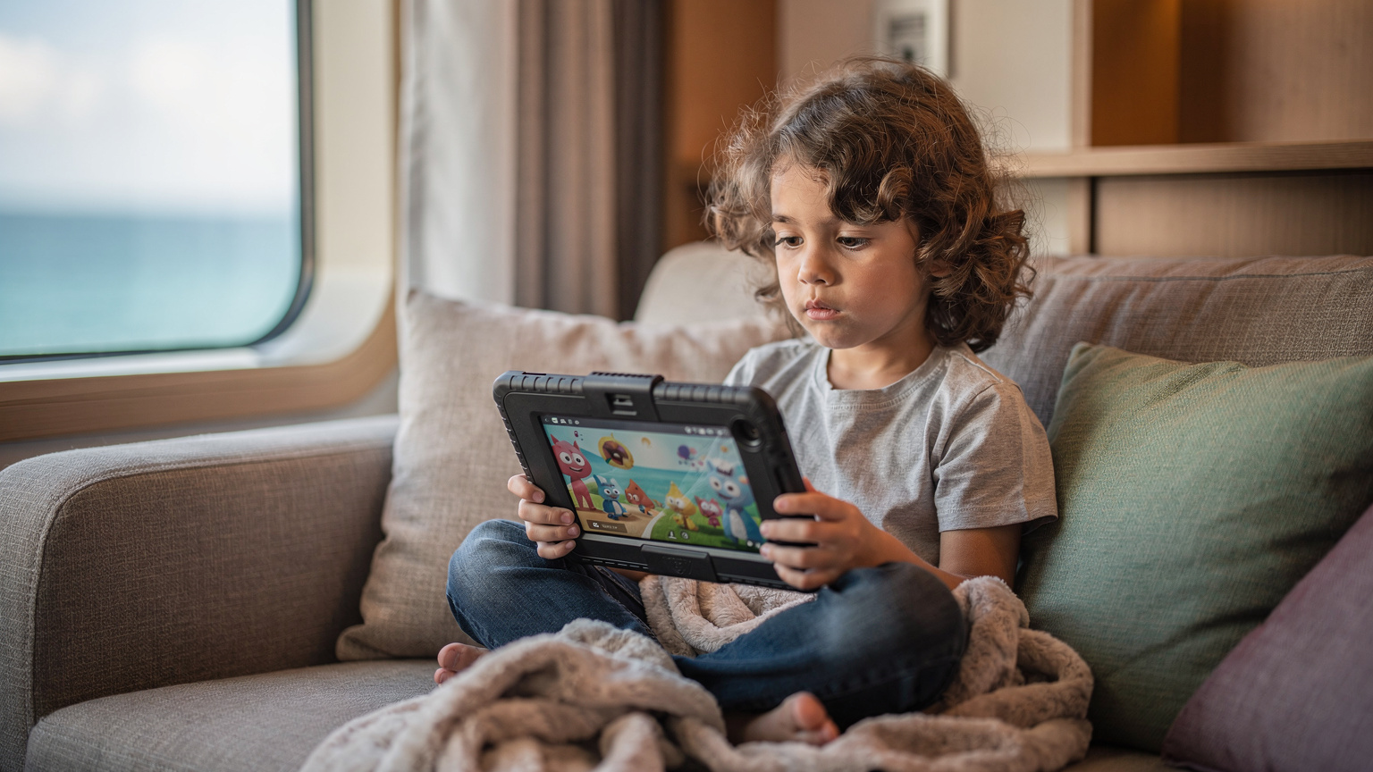 A young child, around 8 years old, fully engrossed in watching a downloaded animated movie on a ruggedized tablet, comfortably seated on a sofa inside a cruise ship cabin.
