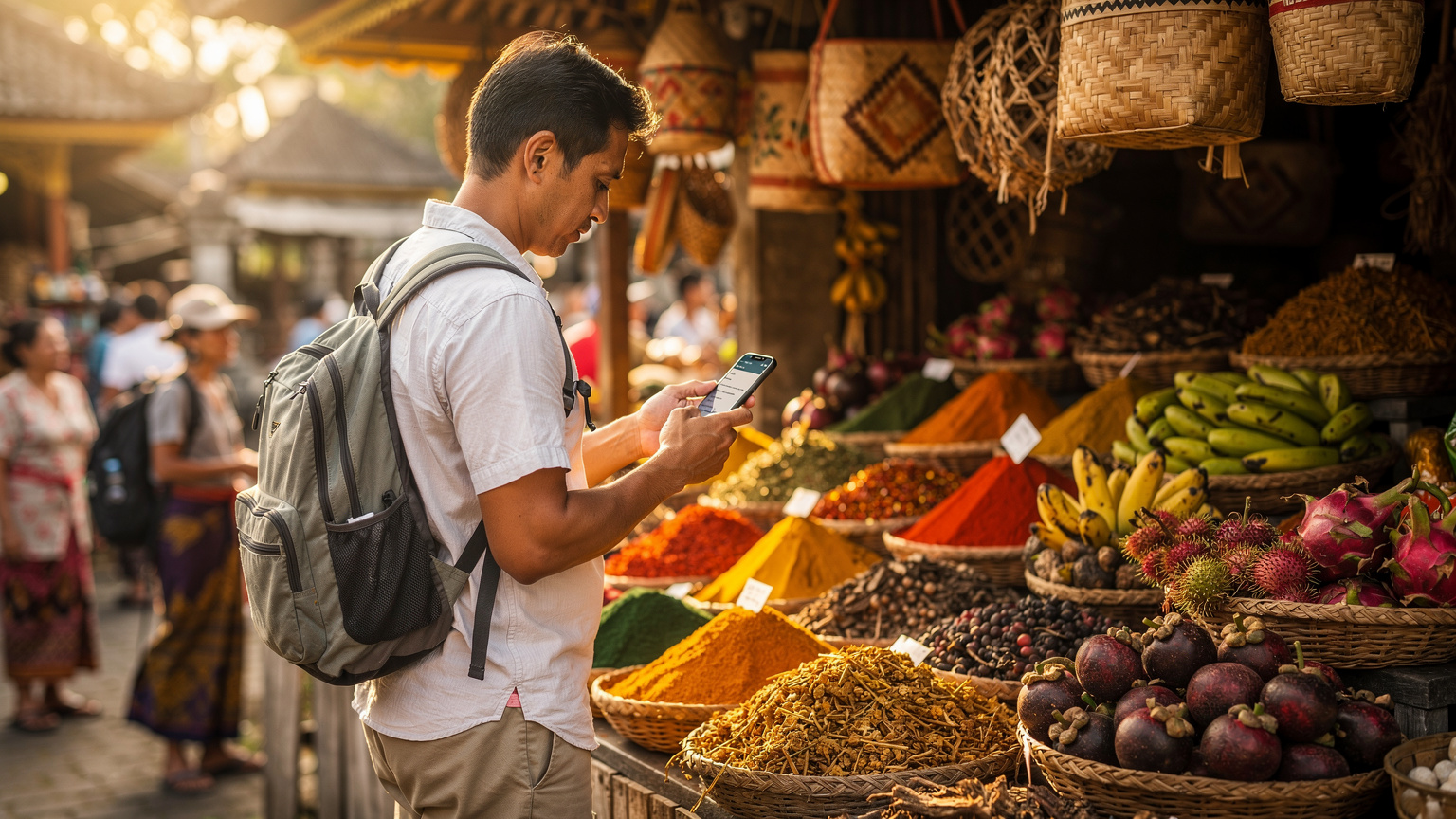 A traveler at a bustling Ubud market stall checks their phone for directions, navigating the vibrant surroundings with digital assistance.