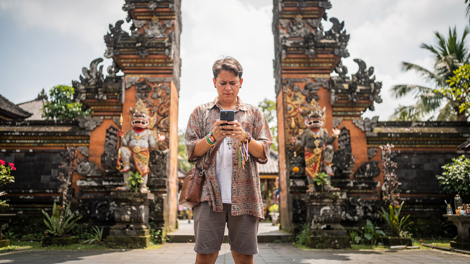 A person standing in front of a colorful, traditional Balinese temple gate, looking a bit concerned at their phone, suggesting a moment of connectivity trouble amidst the beauty.