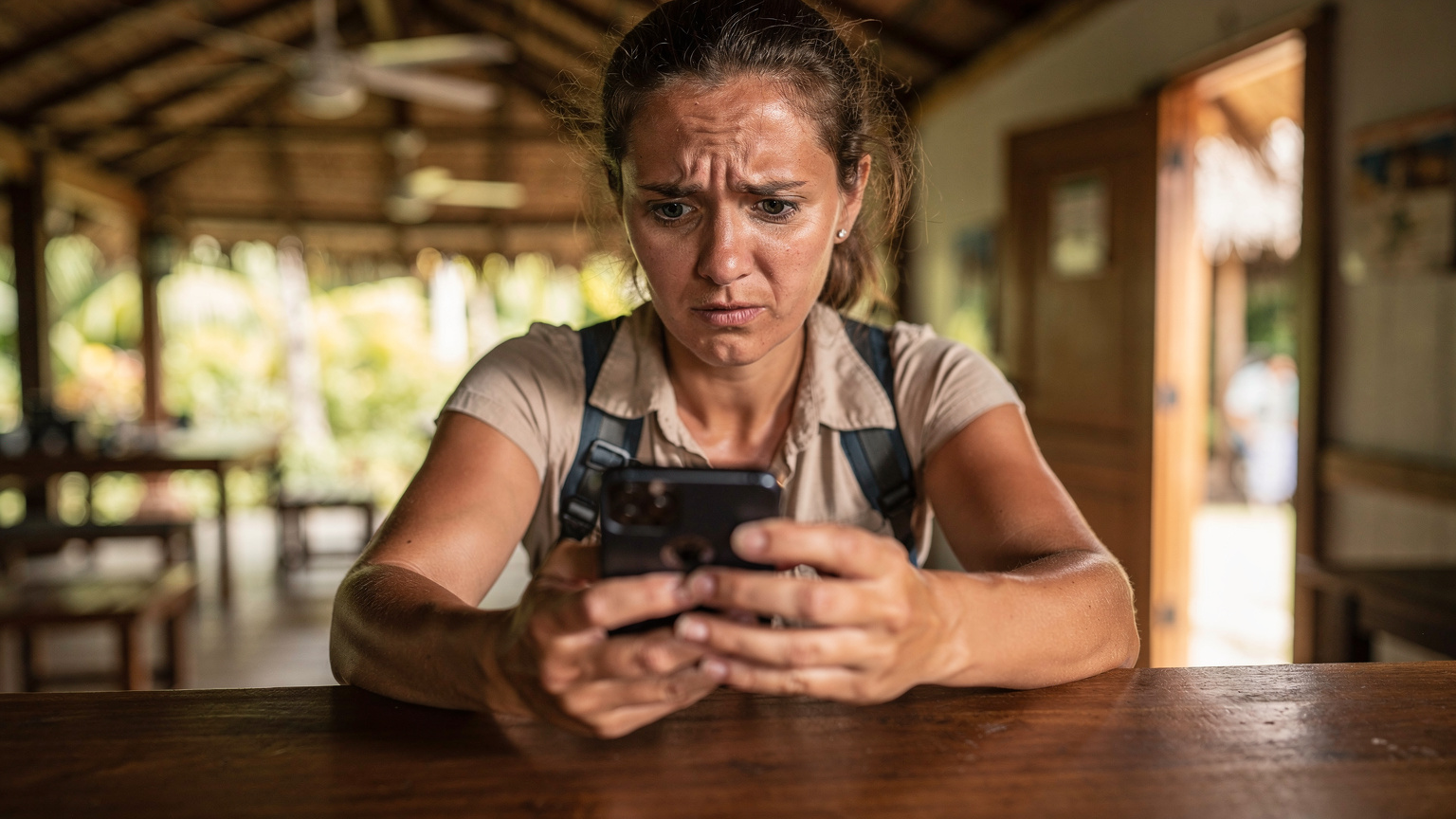 A close-up of a traveler's concerned face looking at their smartphone screen, which shows a 'No Service' or 'No Internet' message, while sitting at a resort reception desk.