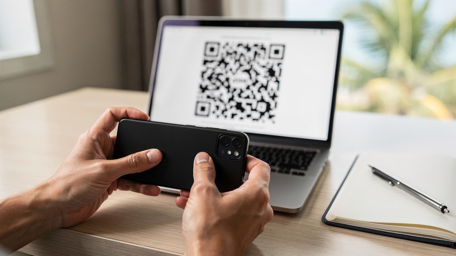 Close-up of a person's hands holding a smartphone, with a QR code displayed on a separate screen, indicating the eSIM activation process.