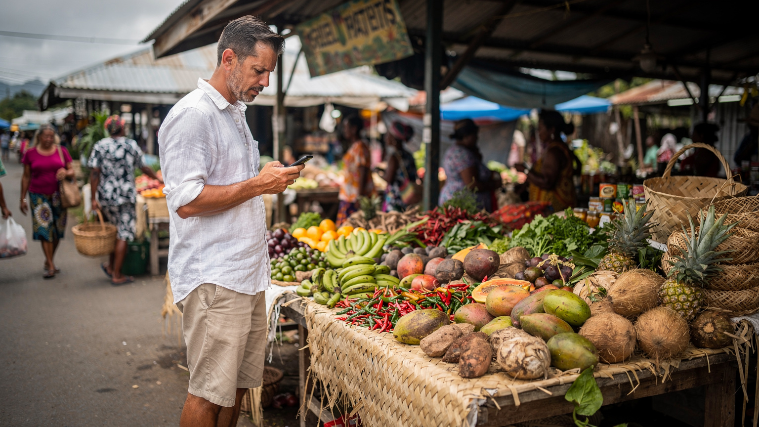 A person standing at a bustling street market stall in Port Vila, Vanuatu, looking at their phone for directions or information.