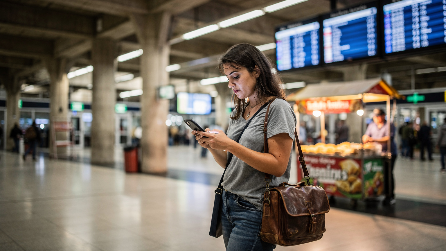 A digital nomad navigates through a busy bus terminal in Buenos Aires, using their phone for real-time schedule updates, with a local food vendor in the background.