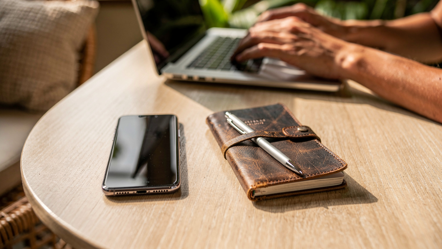 Un téléphone posé sur une table en bois clair à côté d'un passeport et d'un petit carnet de voyage, les mains d'une personne tapant sur le clavier de l'ordinateur portable en arrière-plan, suggérant la préparation d'un voyage.