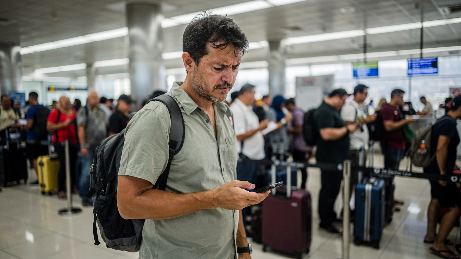 Un voyageur patiente dans une file d'attente bondée à l'aéroport de Denpasar, son téléphone à la main, l'air frustré par le délai.