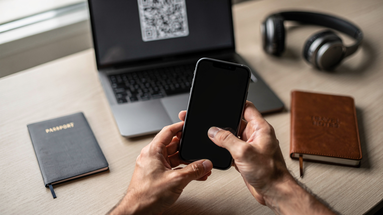 Une personne tient un smartphone, affichant un QR code sur l'écran d'un ordinateur portable en arrière-plan, les doigts prêts à scanner, dans un cadre de voyage minimaliste.