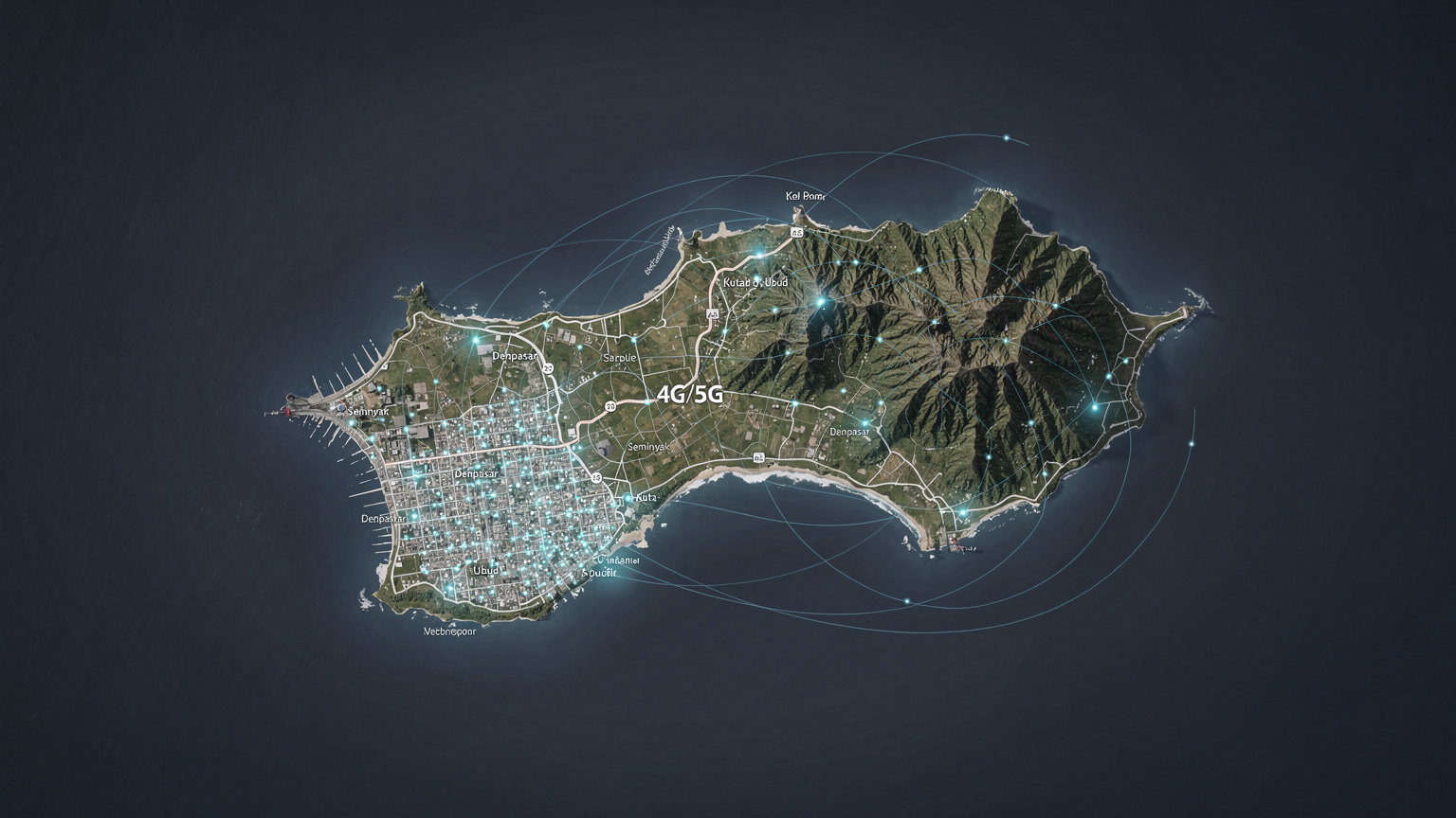 Une carte stylisée de Bali avec des points lumineux indiquant la couverture réseau 4G/5G, montrant une forte concentration sur les côtes sud et les zones montagneuses intérieures.