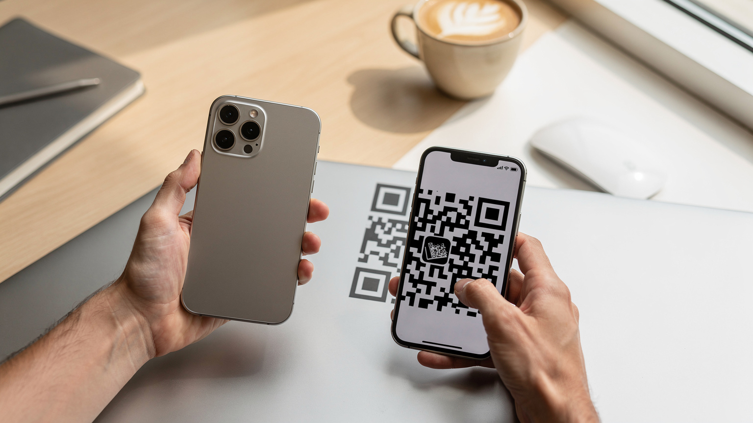 Mãos de uma pessoa segurando um iPhone 17, escaneando um QR code de eSIM de outro celular ou tela de computador, com uma xícara de café ao lado.