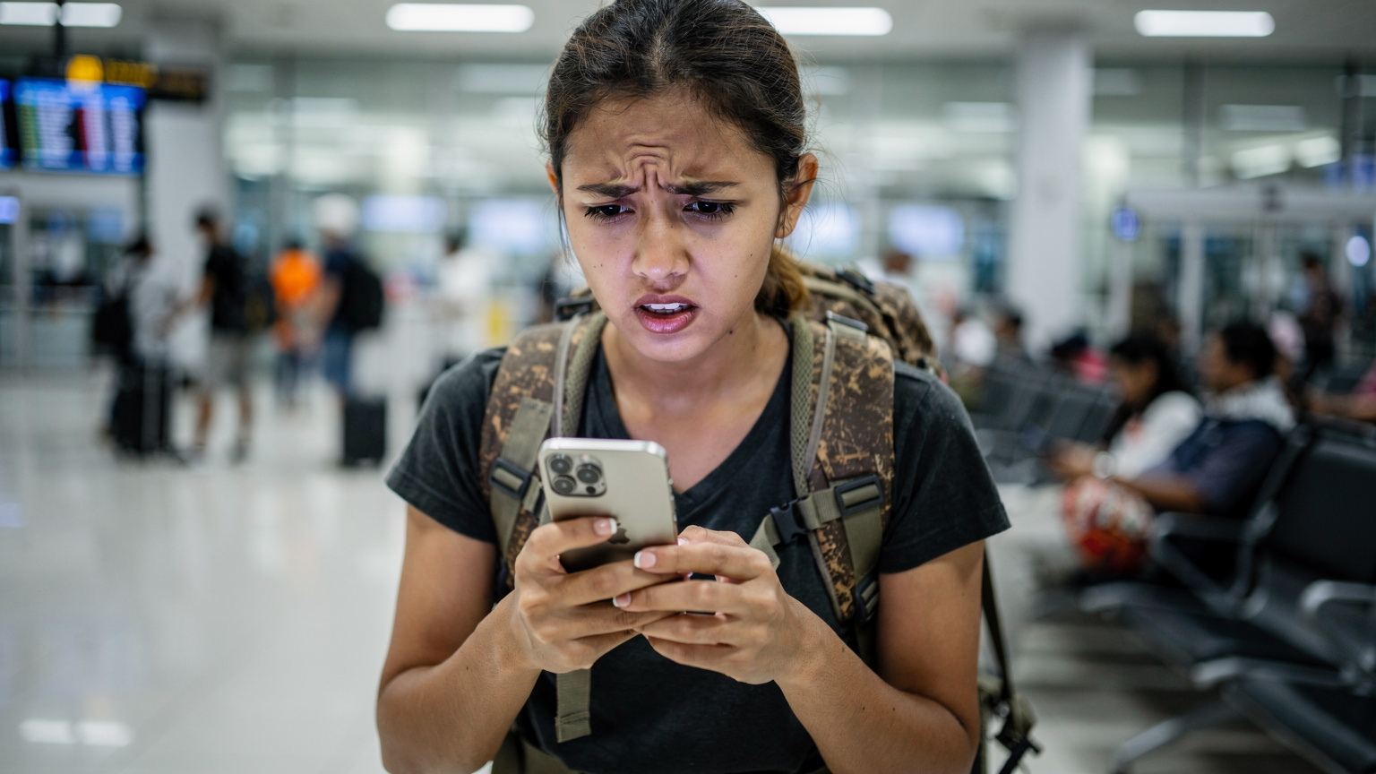 Uma viajante frustrada no aeroporto de Denpasar (Bali) olhando para o celular, tentando conectar-se enquanto outras pessoas passam com facilidade.