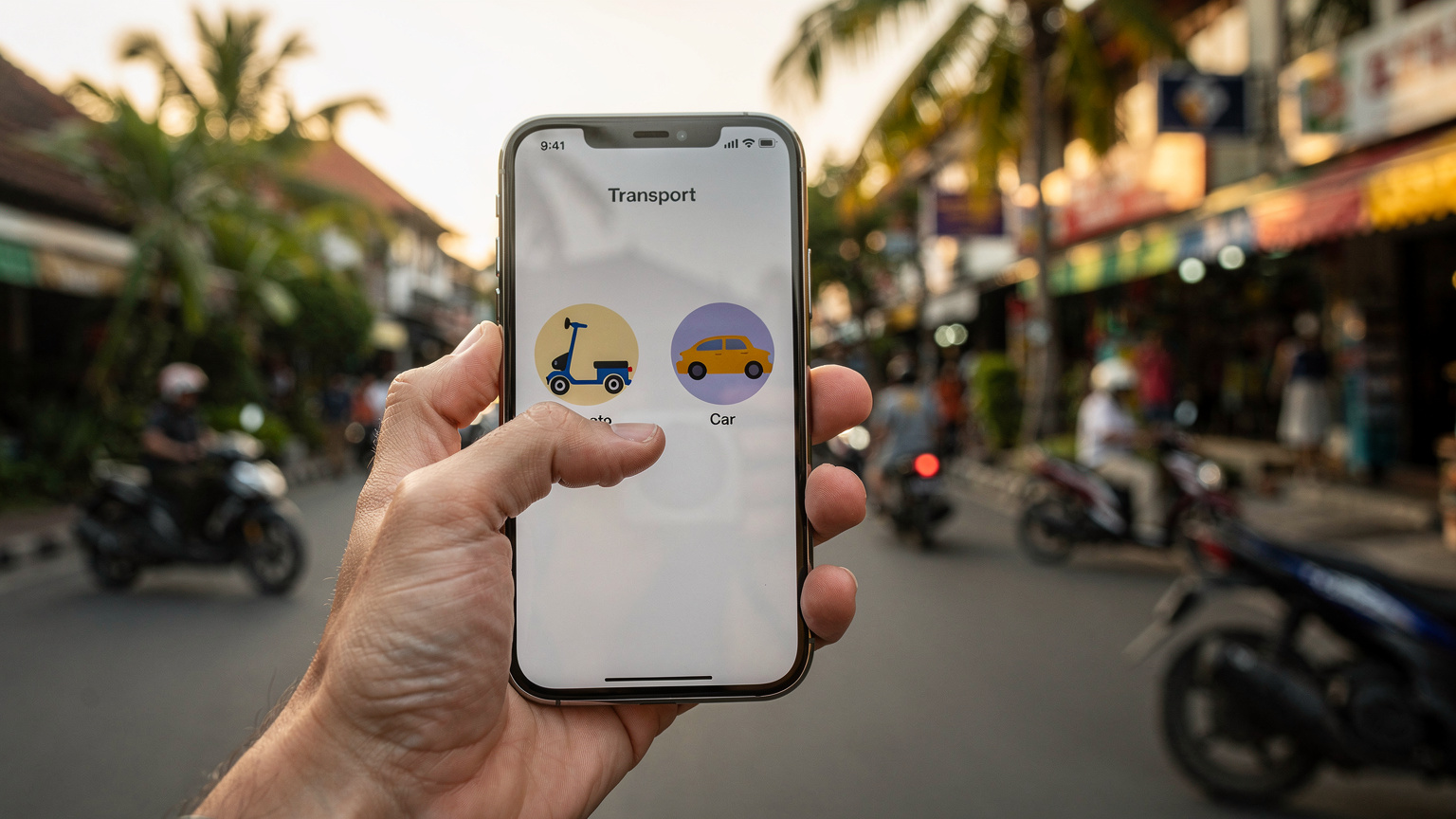 Uma mão segurando um iPhone 17 com o aplicativo Gojek aberto, mostrando opções de transporte, com a rua movimentada de Seminyak, Bali, ao fundo.