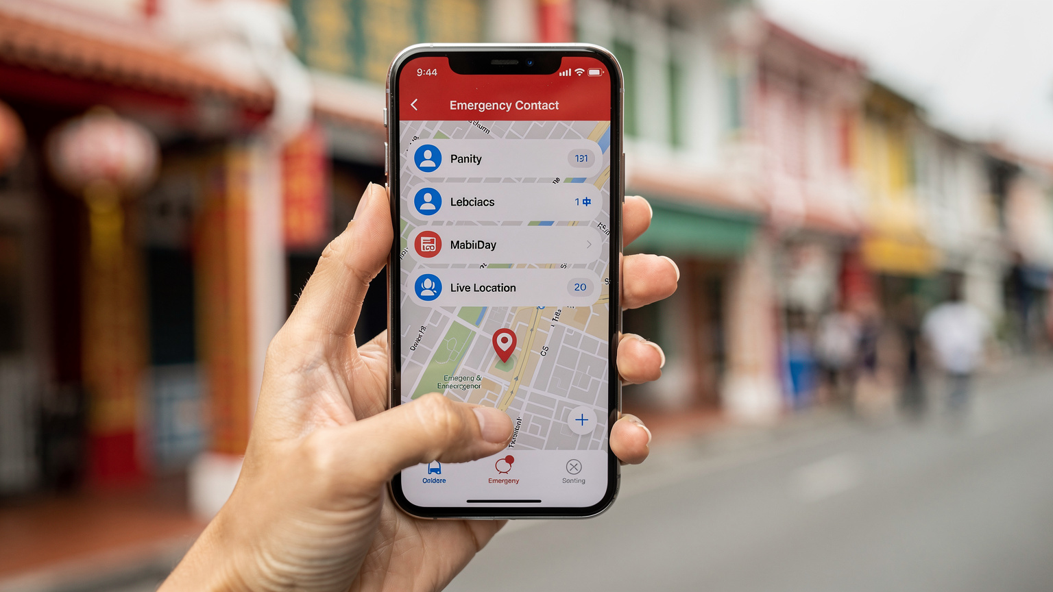 A close-up of a woman's hand holding a smartphone, displaying an emergency contact list and a live location sharing feature on the screen, against a subtly blurred backdrop of a safe, but active, street in Singapore.