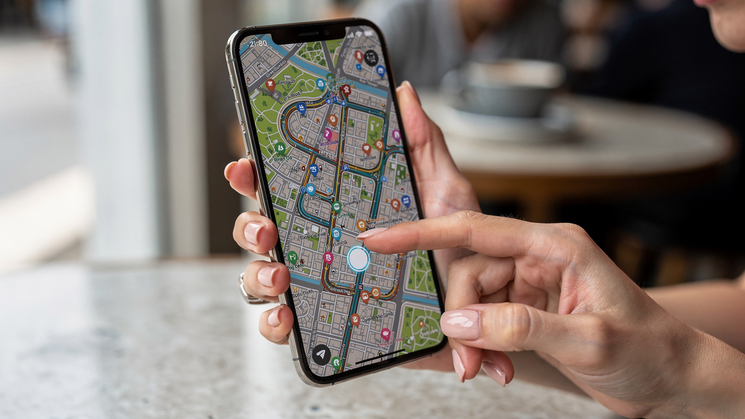 A woman's hands holding a smartphone, with a mapping application open, showing a detailed route through a city. Her fingers are gently interacting with the screen, planning her next move.
