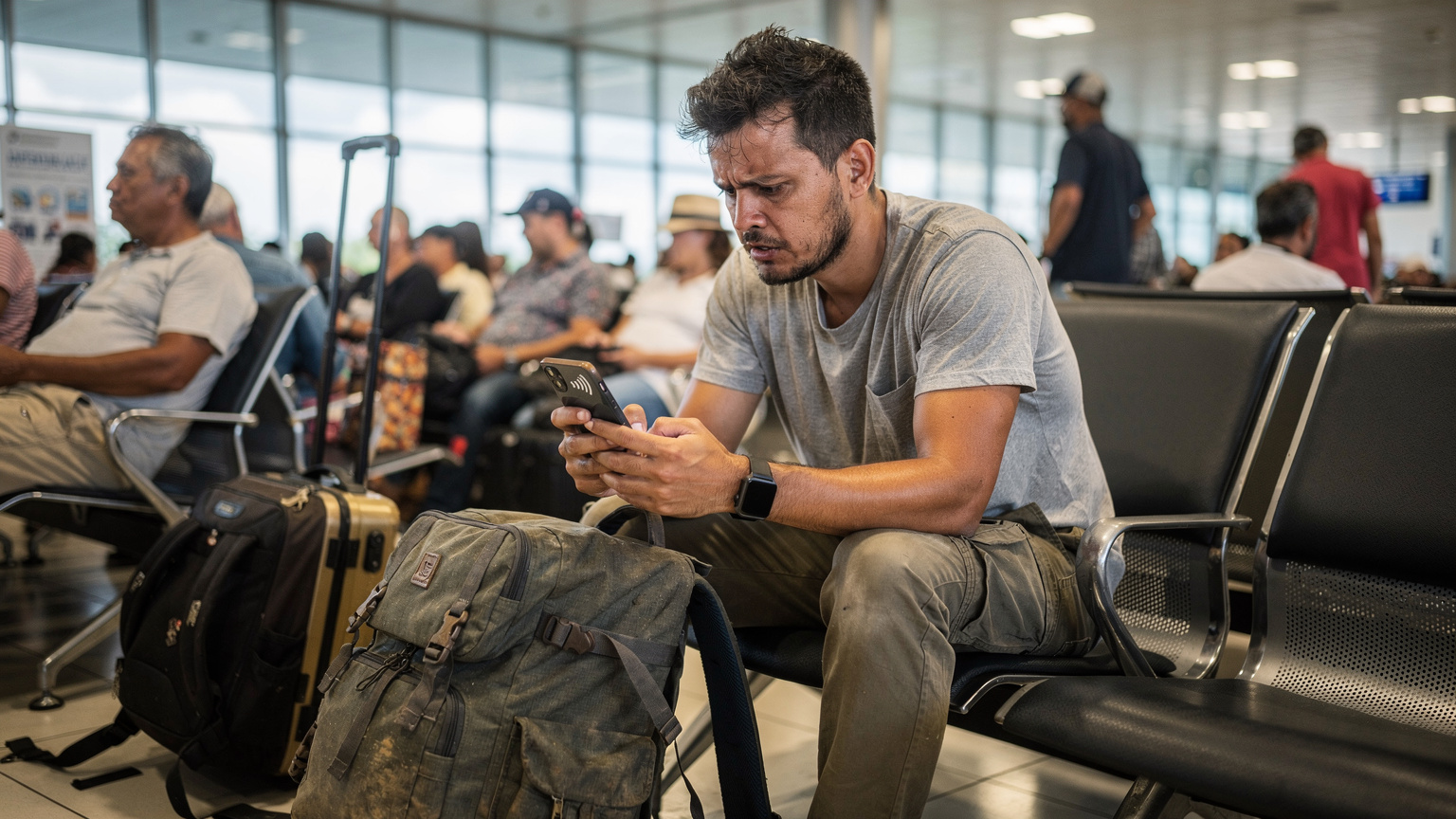 Un traveler backpacker è seduto in un'area lounge affollata dell'aeroporto di Denpasar (DPS) a Bali, con il suo zaino ai piedi. Sta guardando con frustrazione il suo smartphone, che mostra un'icona di errore o nessun segnale, suggerendo problemi di connessione.