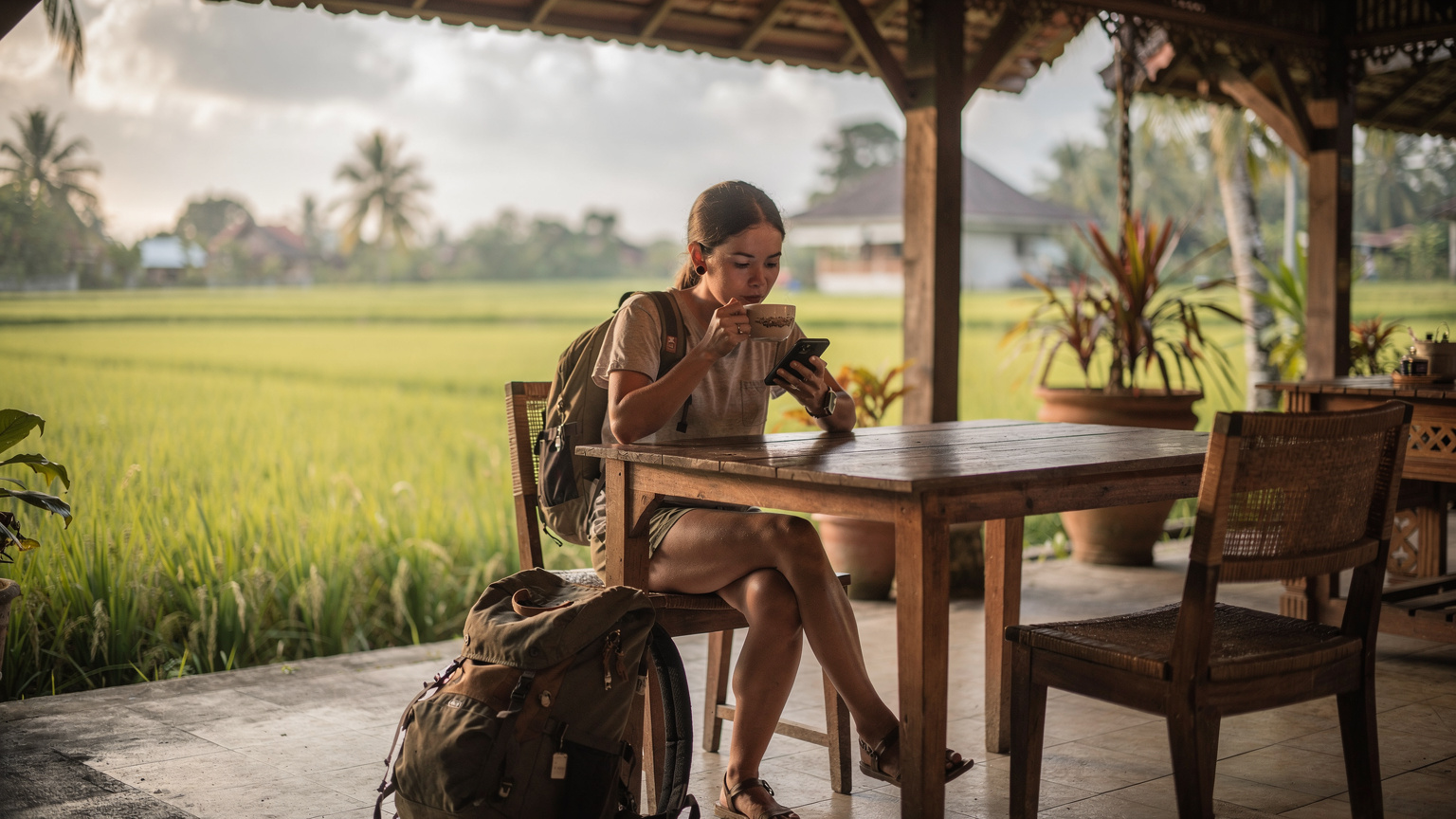 Una donna seduta in un warung tradizionale a Bali, sorseggia un caffè mentre usa il suo smartphone. Il suo zaino è a terra, e il tavolo di legno è semplice e pulito, con uno sfondo sfocato di risaie lussureggianti.