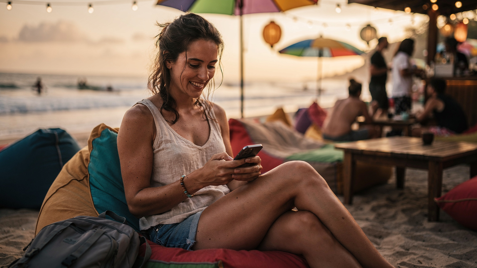 Una viajera revisando su móvil con una eSIM activa, disfrutando de la comodidad de la conectividad instantánea mientras observa las olas en Seminyak.