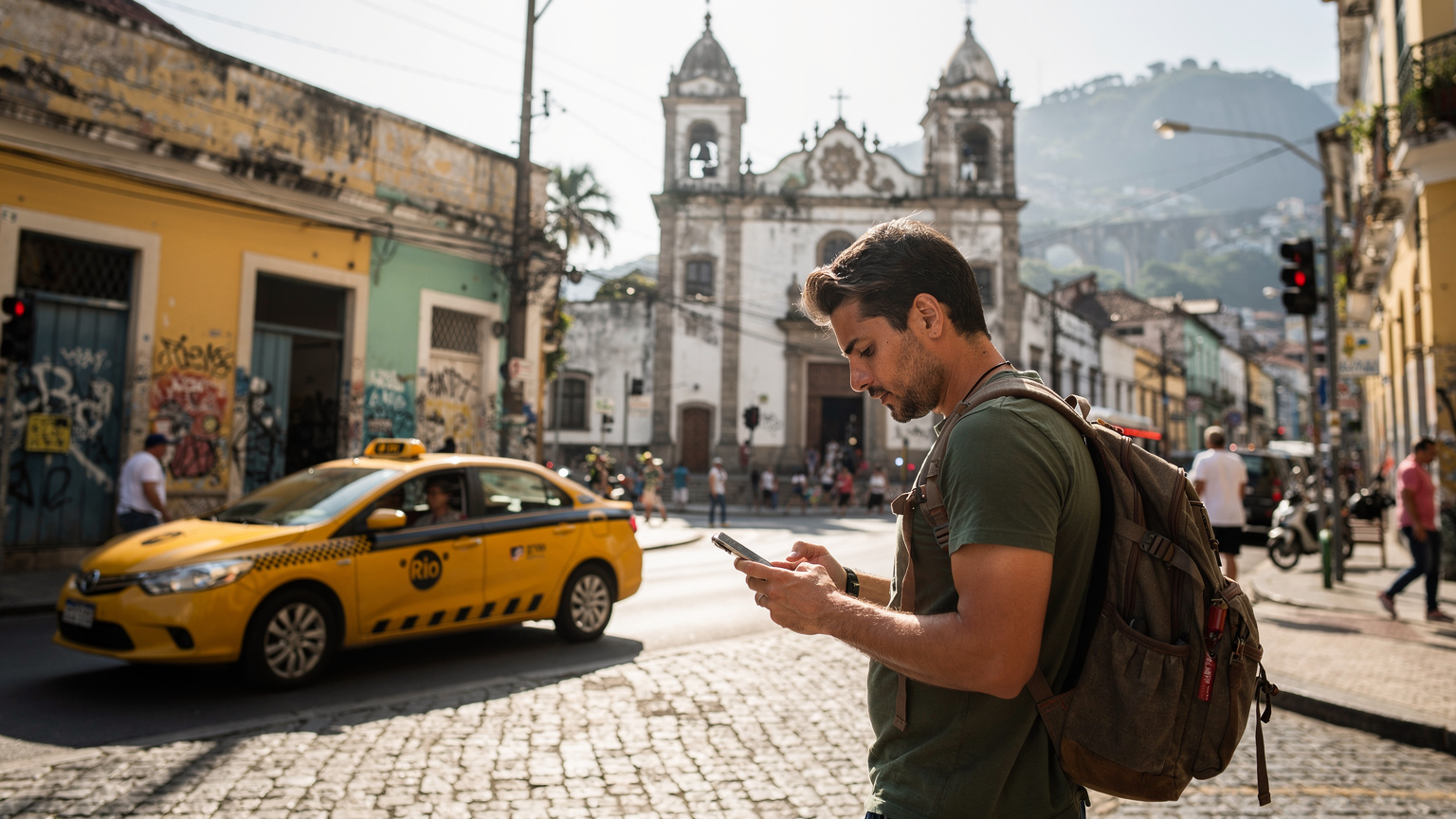 Un viaggiatore sta consultando il suo smartphone per le indicazioni sulla mappa, con un taxi giallo di Rio che passa sullo sfondo e una chiesa coloniale sullo sfondo, nel quartiere di Lapa.