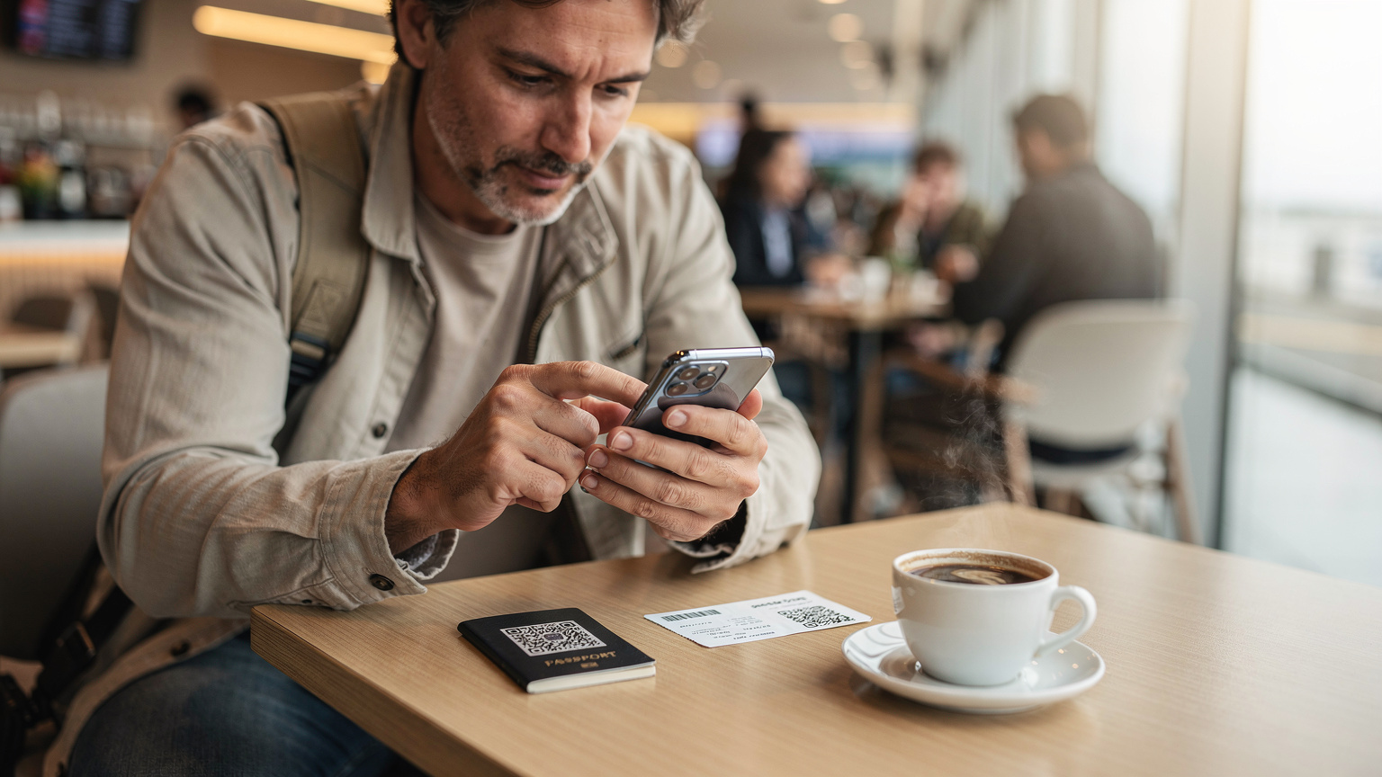 Un viaggiatore sta scansionando un codice QR sul suo smartphone in un caffè affollato all'aeroporto di Rio Galeão, con il suo passaporto e una tazza di caffè brasiliano sul tavolo.