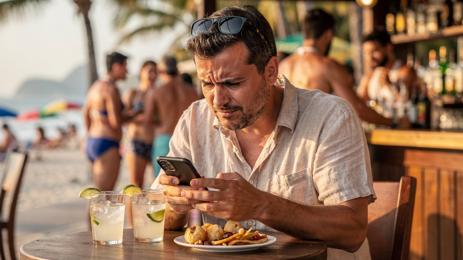 Un uomo sta guardando il suo smartphone con un'espressione frustrata, mentre cerca di connettersi a una rete Wi-Fi pubblica in un bar affollato di Copacabana, con bicchieri di caipirinha sul tavolo.