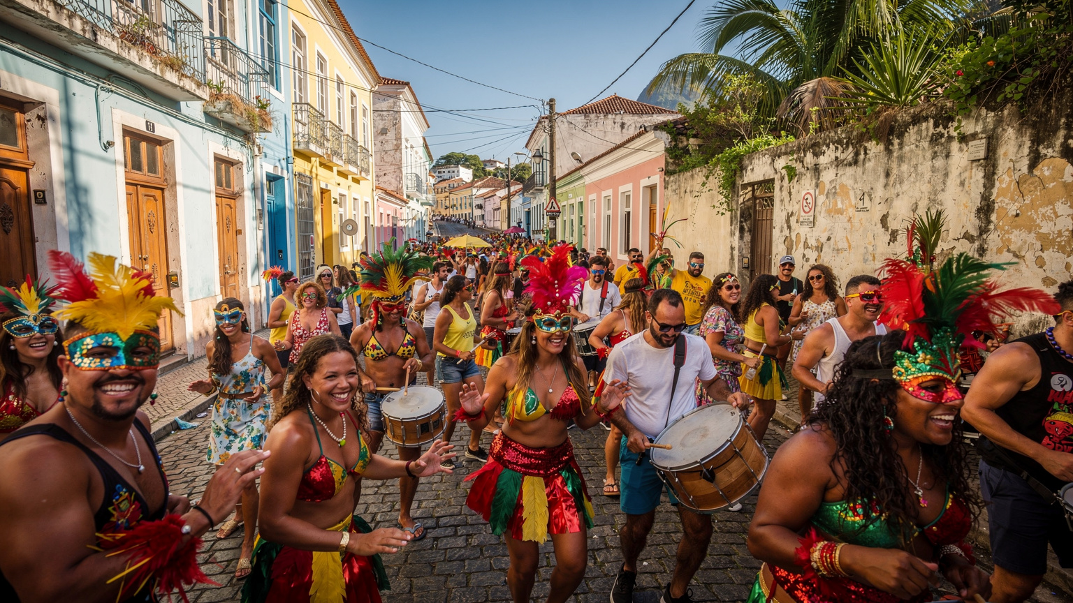 Un Bloco de Rua nel quartiere di Santa Teresa, Rio, con ballerini mascherati e una folla festante che balla per le strade acciottolate, sotto il sole pomeridiano.