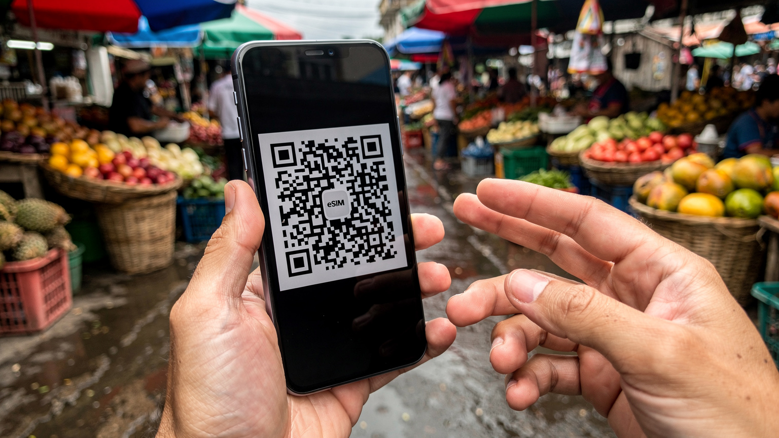 Tangan seorang traveler memegang ponsel yang menampilkan kode QR untuk aktivasi eSIM, dengan latar belakang pasar tradisional yang ramai di Cebu, Filipina.