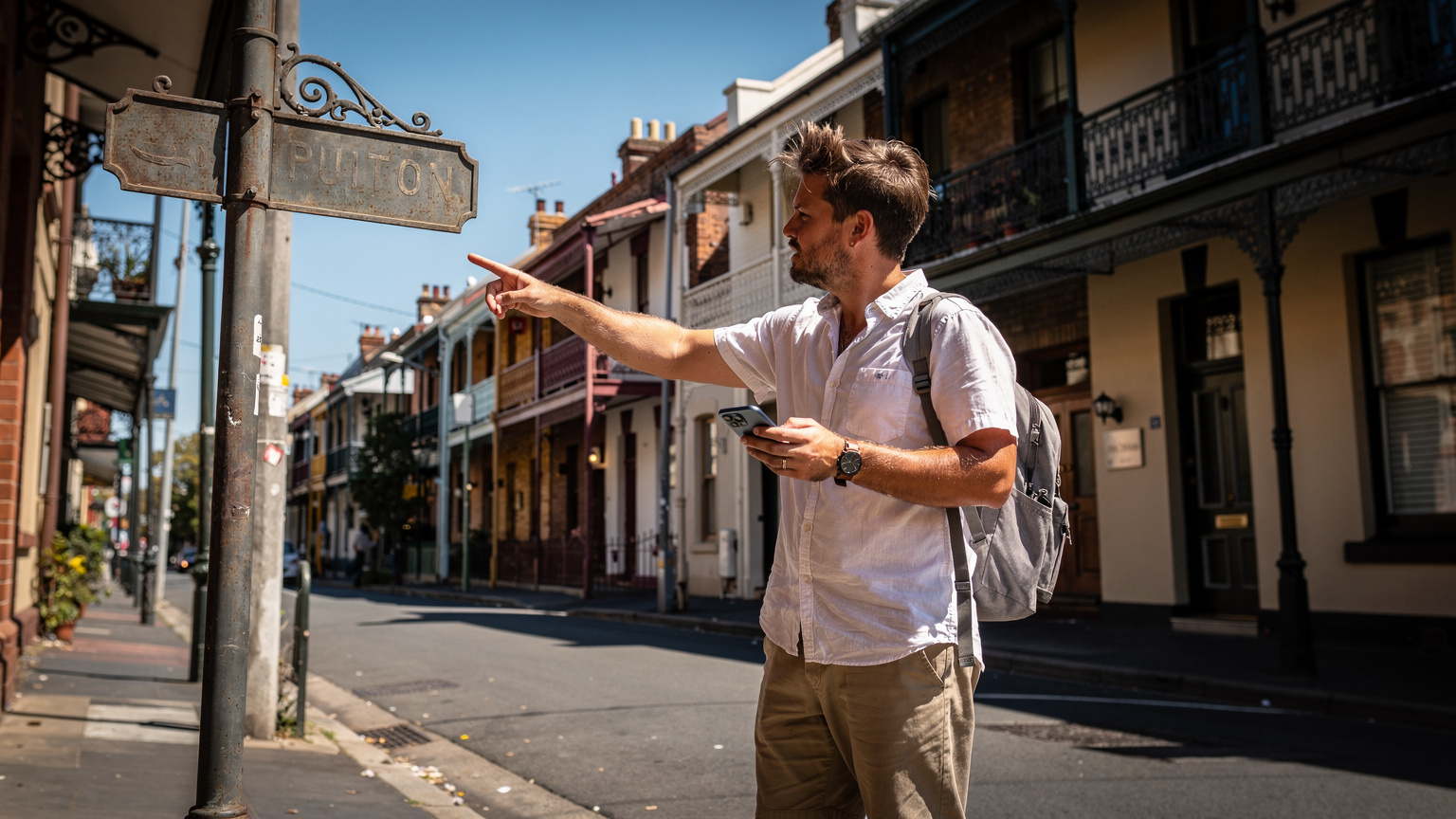 Um viajante apontando para uma placa de rua em Paddington, Sydney, enquanto usa o Google Maps em seu smartphone para se orientar, em um dia ensolarado de verão.
