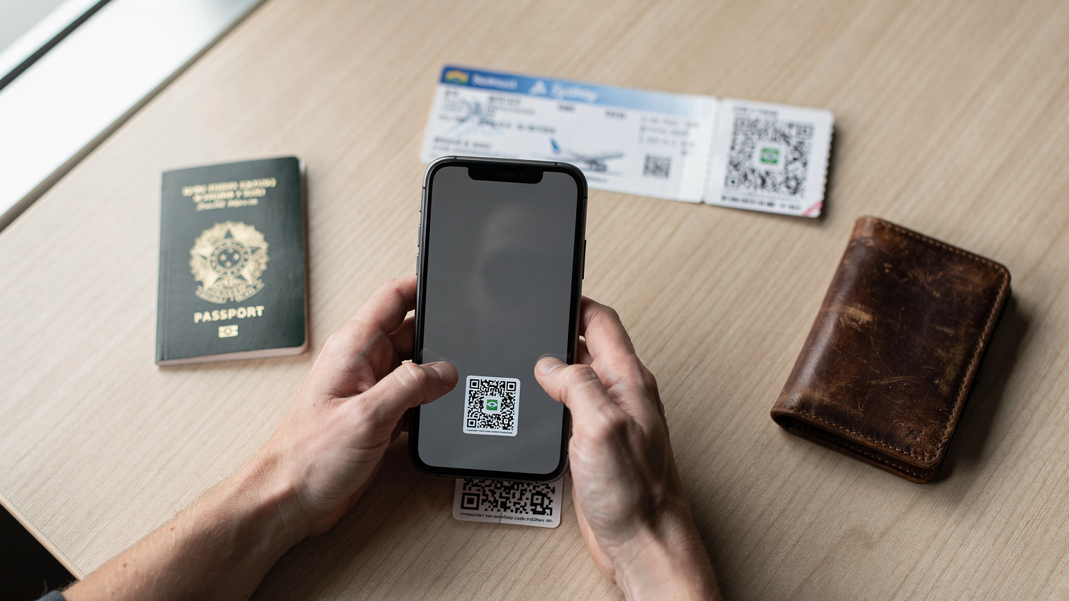 Mãos de um viajante ativando um eSIM em um smartphone, com o passaporte e o cartão de embarque dispostos em uma mesa de café em um aeroporto.