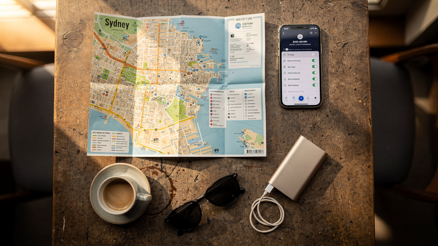 Uma mesa de café em um hostel em Sydney, com um mapa turístico, um carregador portátil e um smartphone mostrando um plano de eSIM, em um ambiente descontraído.