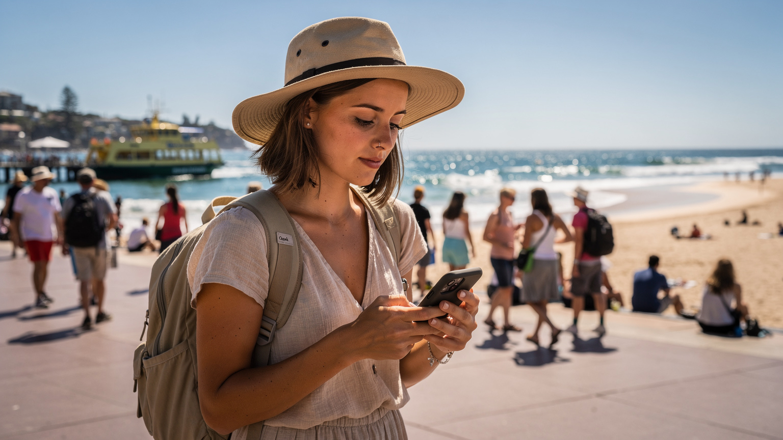 Uma mulher jovem, mochileira, checando seu celular na movimentada área de Manly Beach, Sydney, com o ferry chegando ao fundo.