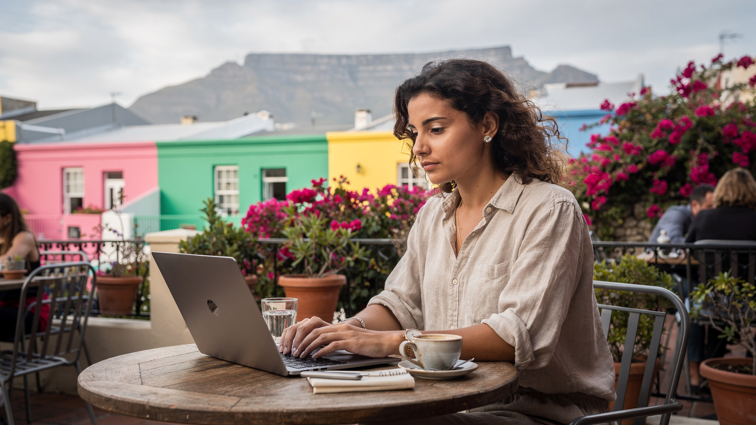 A digital nomad works on a laptop at a bustling outdoor cafe in Cape Town, with Table Mountain visible in the hazy background, surrounded by lush greenery and historical buildings.