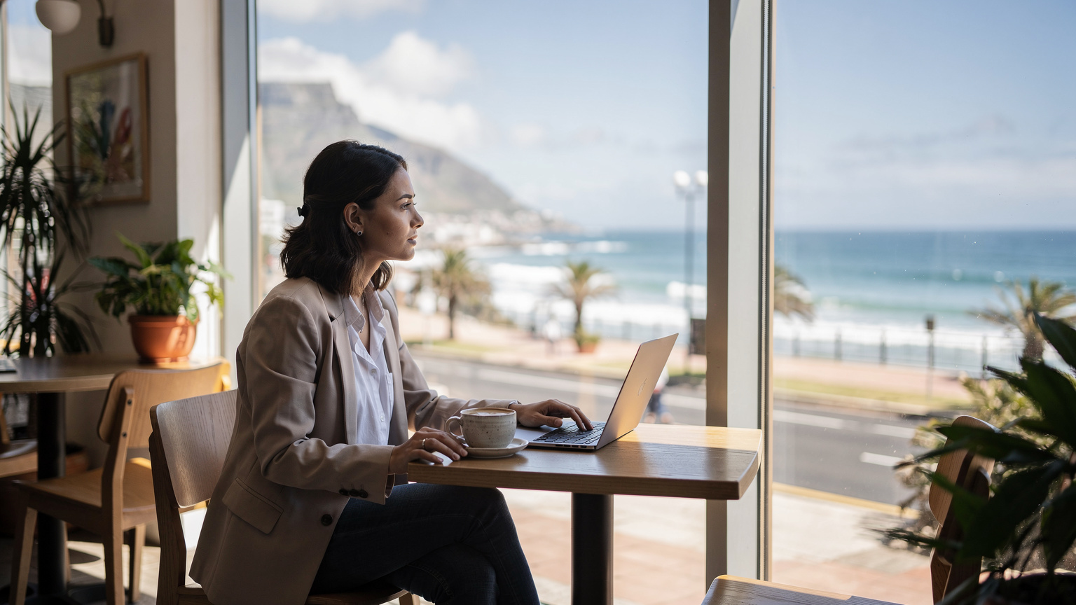 A pensive digital nomad sits at a cafe table in Camps Bay, looking out at the ocean, her laptop open but her attention drawn to the scenic view, hinting at moments of contemplation.