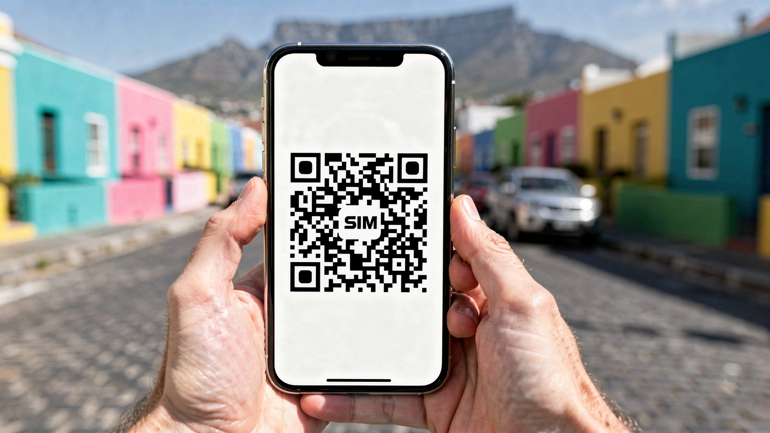 A traveler holds a smartphone displaying an eSIM activation QR code, with the vibrant, colorful houses of Cape Town's Bo-Kaap district blurred in the background.