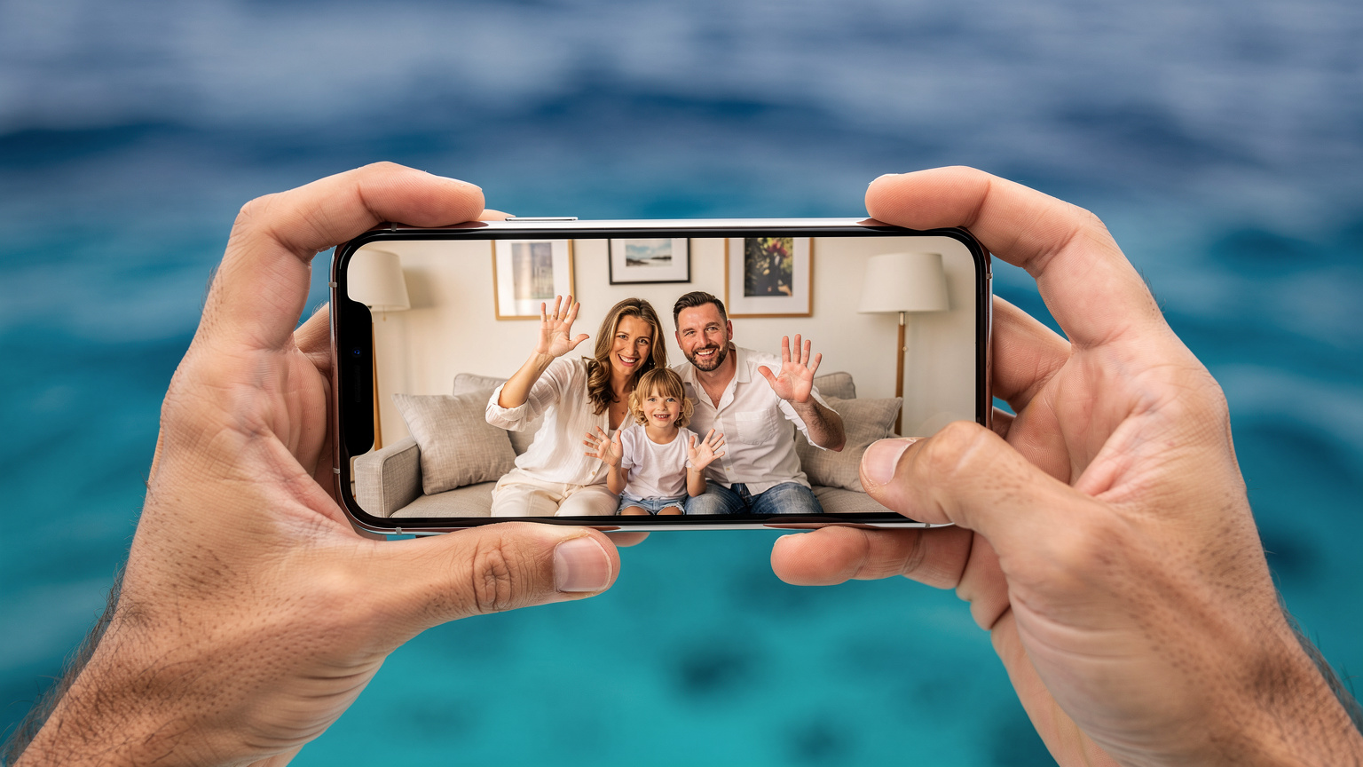 Primo piano di mani che tengono uno smartphone con un'interfaccia di videochiamata aperta, mostrando una famiglia che saluta dall'Italia, con il blu del mare maldiviano sullo sfondo.