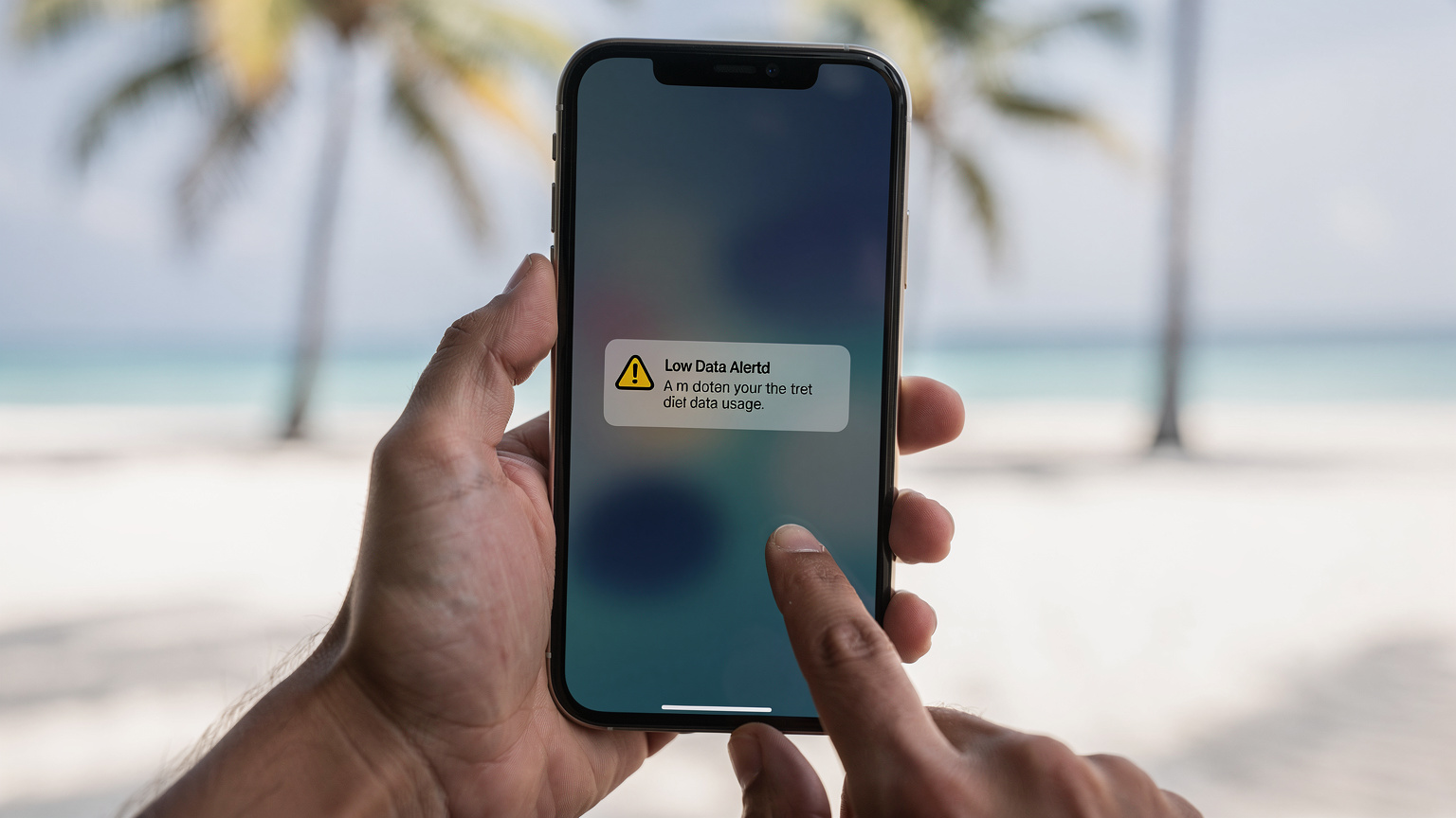 Un primo piano di uno smartphone che mostra un messaggio di avviso relativo all'uso dei dati, con il dito di una persona che tocca lo schermo, sullo sfondo una spiaggia tropicale.