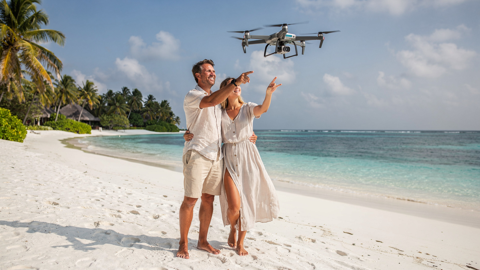Una coppia sorridente in piedi sulla spiaggia di un'isola maldiviana, con un drone che vola sopra di loro, pronto a catturare il momento, simbolo di tecnologia e connessione.