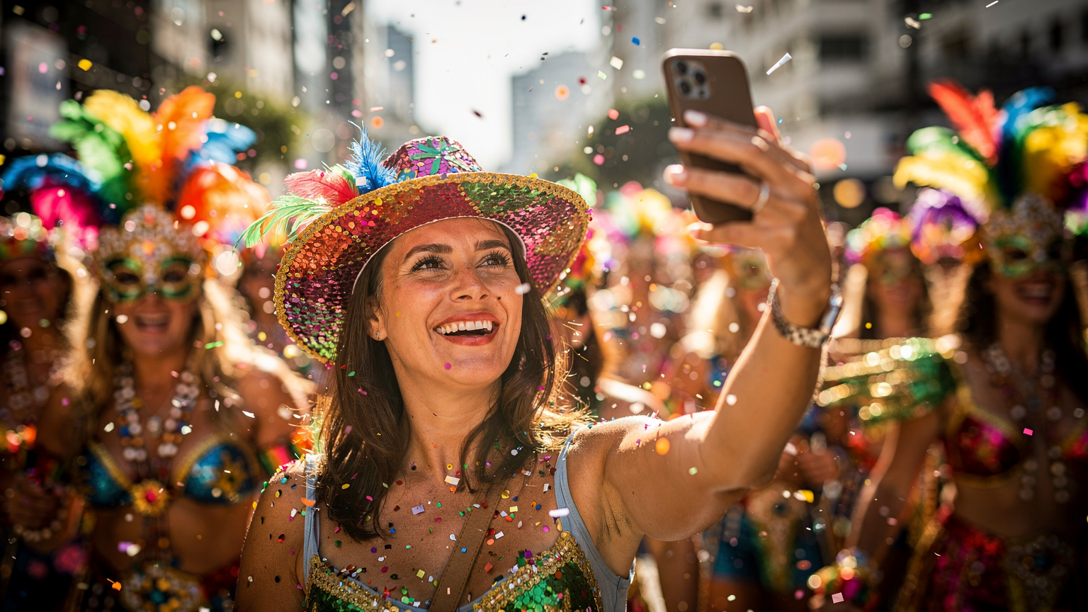 Uma mulher com um chapéu de carnaval brilhante a tentar tirar uma foto com o seu smartphone no meio de um bloco de rua lotado no Rio, com confetes a cair ao seu redor.