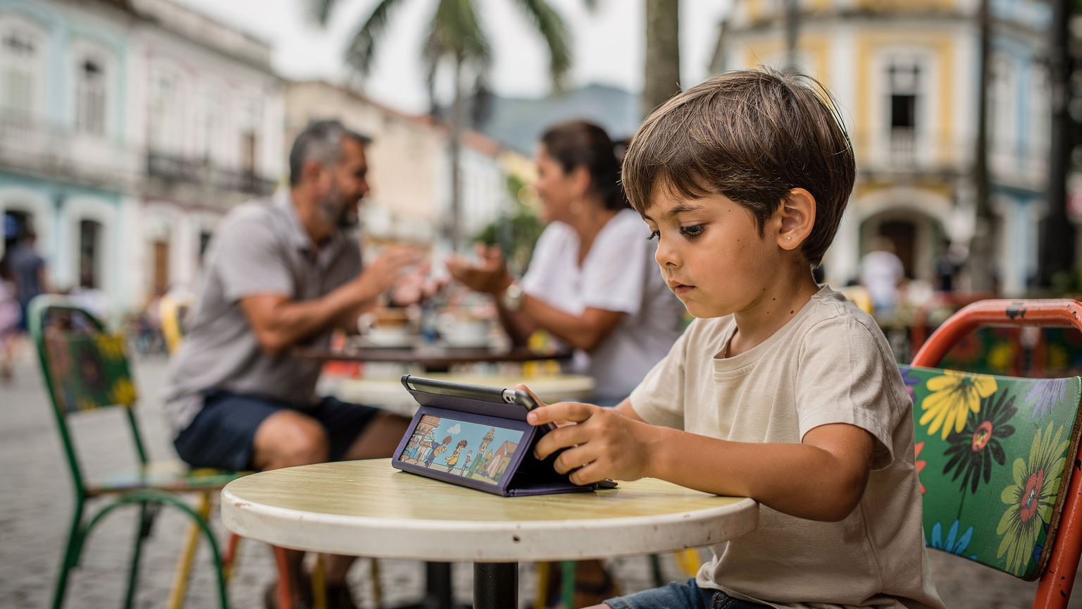 Uma criança pequena sentada à mesa de um café movimentado no Rio, absorta em assistir a um desenho animado num tablet, enquanto os pais conversam ao fundo.