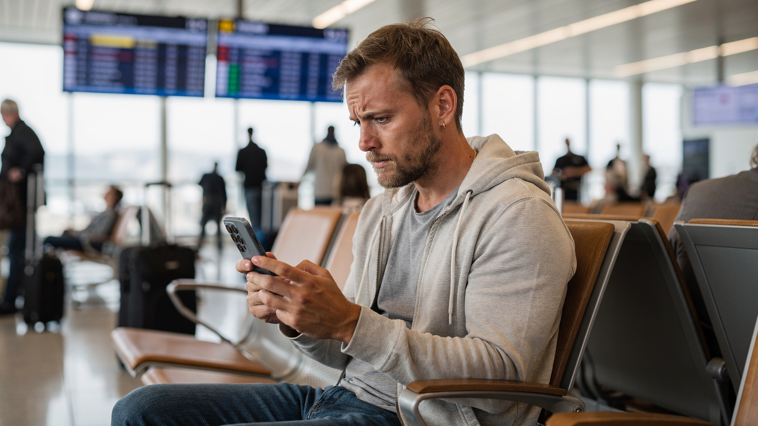 Um viajante frustrado no saguão de embarque do Aeroporto da Cidade do Cabo, olhando para seu Galaxy S25 com uma expressão preocupada, enquanto ele tenta solucionar um problema de conectividade, com outras pessoas apressadas ao fundo.