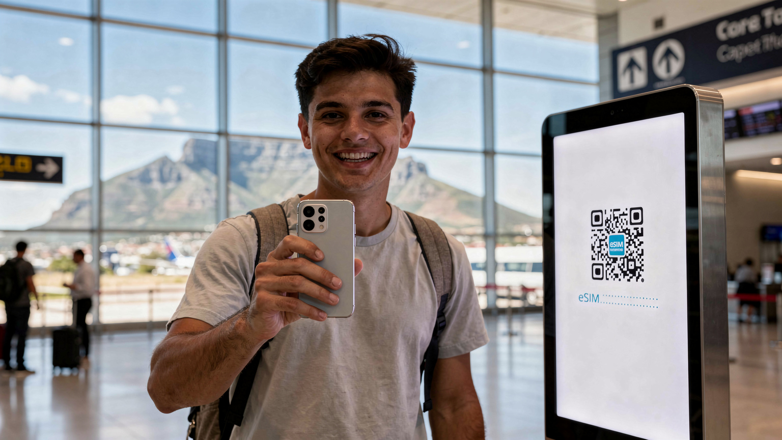 Um viajante sorrindo, usando seu Galaxy S25 para escanear um QR code de eSIM, com a Table Mountain ao fundo, simbolizando conectividade imediata na Cidade do Cabo.