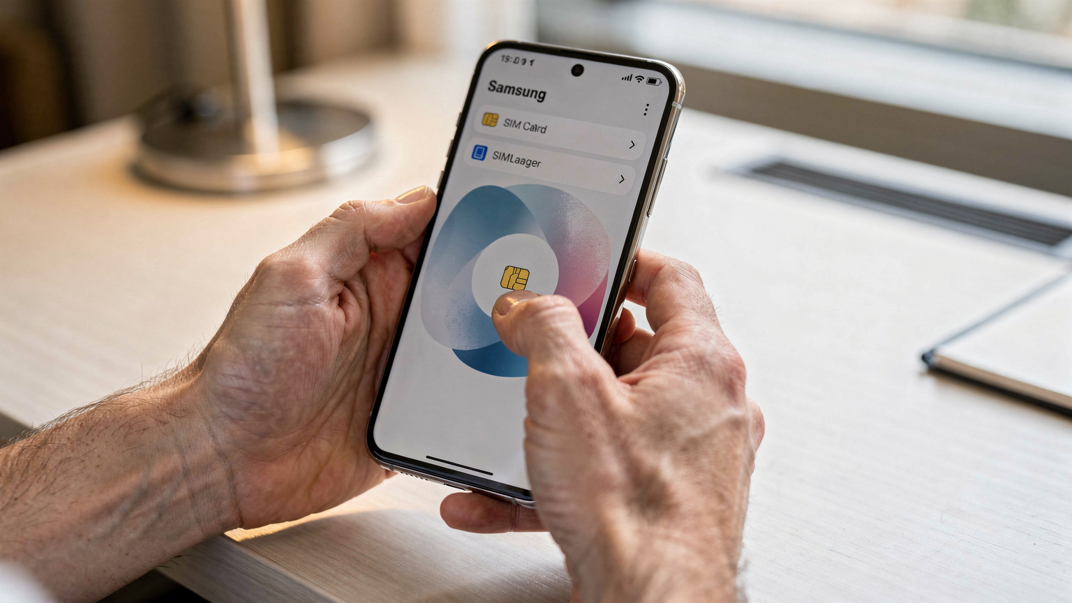Mãos de uma pessoa segurando um Galaxy S25, com os dedos tocando a tela enquanto navega pelas configurações do SIM, mostrando o processo de adicionar um eSIM.