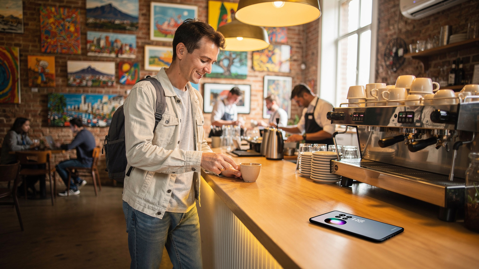 Uma pessoa pedindo café em um café moderno e movimentado no bairro de Woodstock, Cidade do Cabo, enquanto seu Galaxy S25 mostra o status da conexão, integrando tecnologia e cultura local.