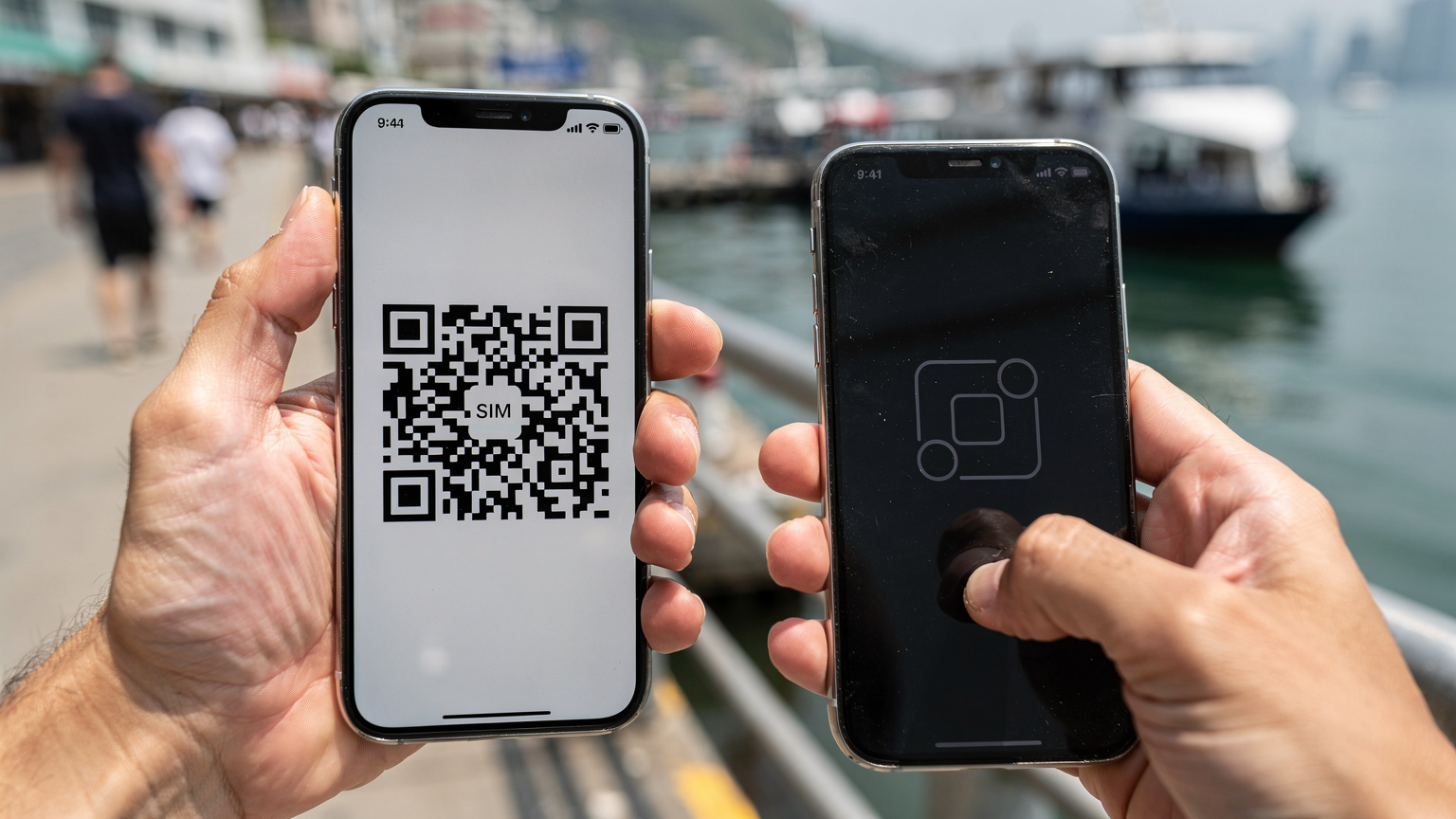 一隻手輕巧地將eSIM的QR碼掃描到一部iPhone手機中, 屏幕上顯示著正在安裝配置的進度條, 背景模糊地展示著香港長洲島碼頭的繁忙景象。