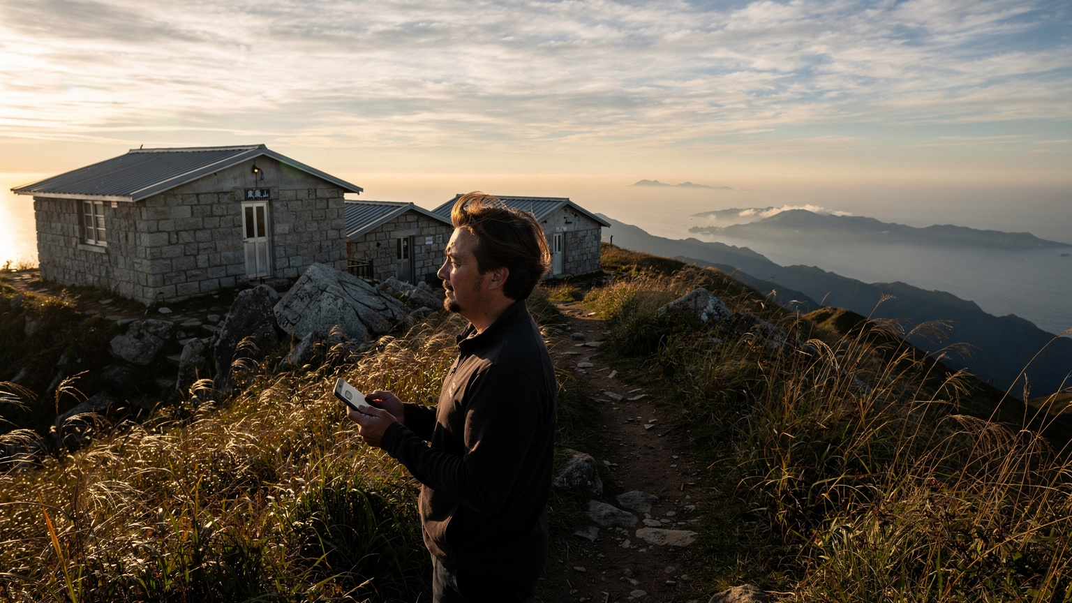 一名旅行者在香港大嶼山大東山的爛頭營附近, 望著遠處的日落景色, 手中拿著手機, 屏幕亮著, 顯示訊號微弱, 臉上略帶一絲無奈的神情。