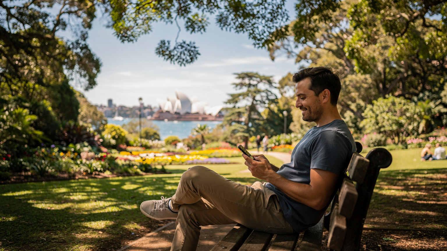 Un turista si sta rilassando su una panchina in un parco di Sydney, utilizzando il suo telefono per navigare, con l'Opera House in lontananza e alberi lussureggianti.