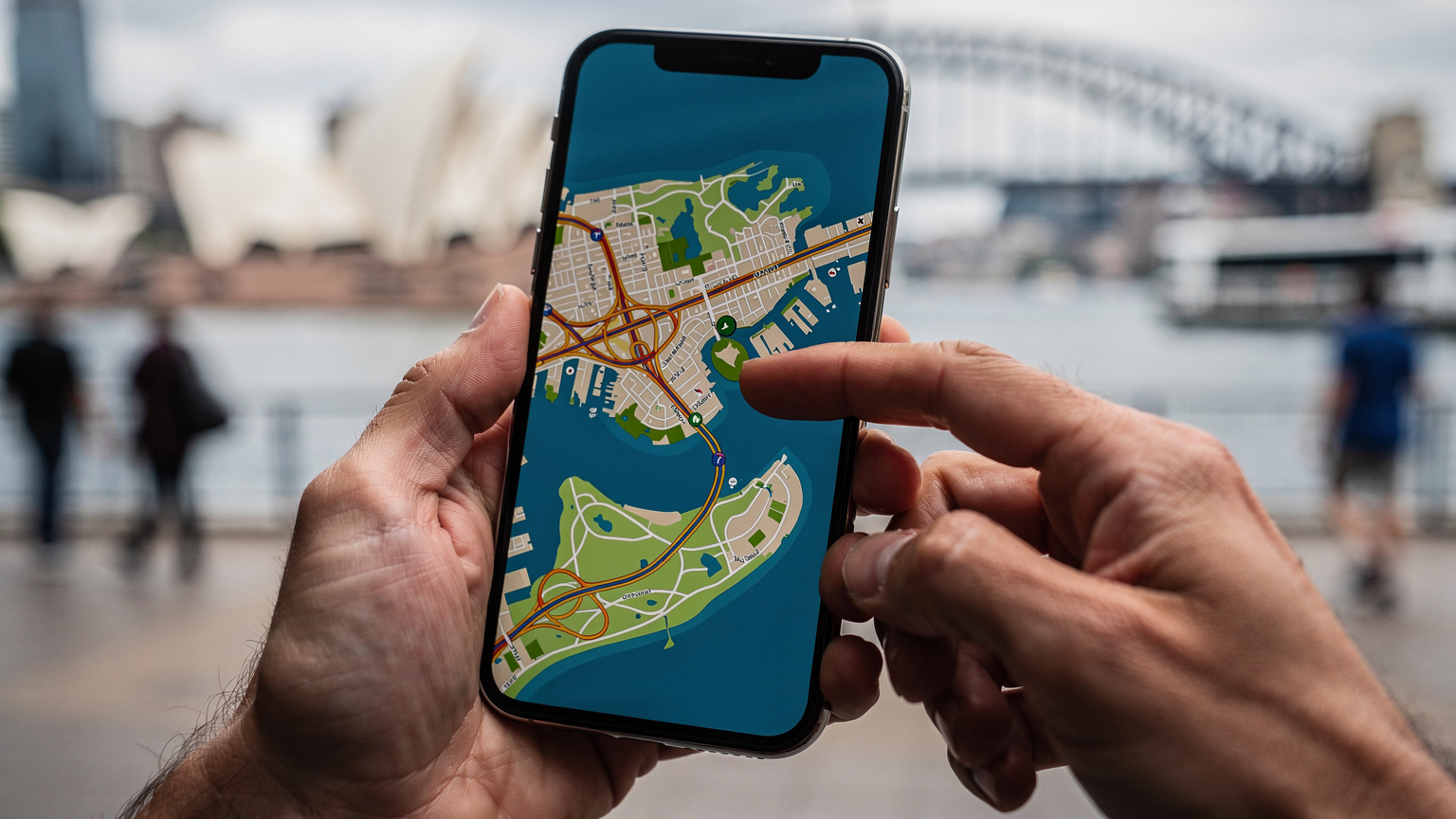 Un primo piano di mani che tengono un telefono con una mappa digitale di Sydney, con l'Opera House e il Harbour Bridge in evidenza.