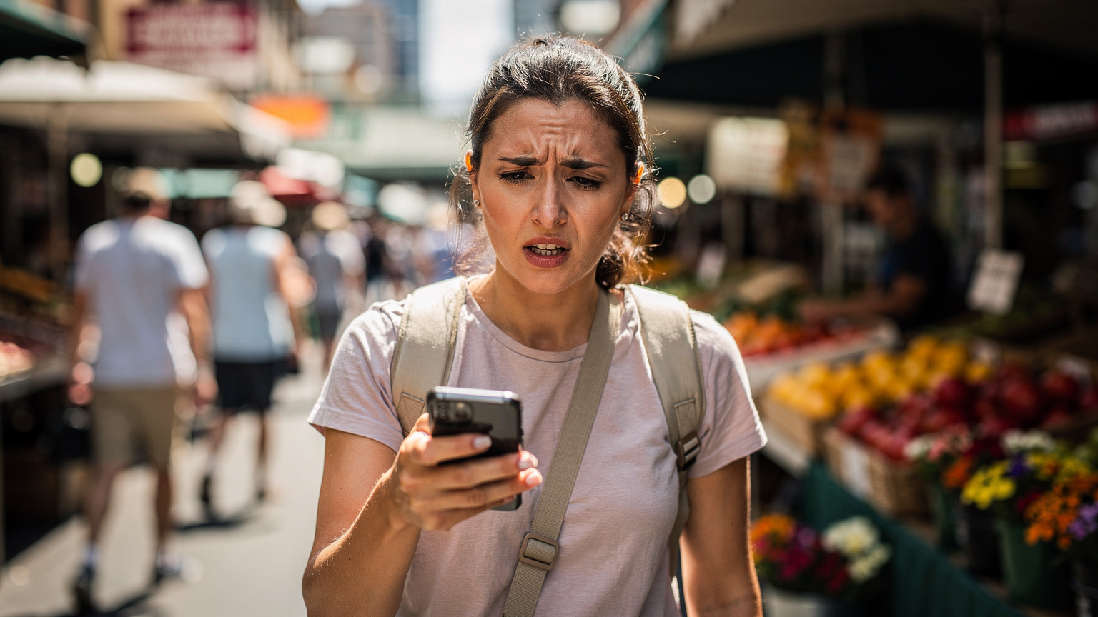 Una donna frustrata tiene in mano il suo smartphone, con l'espressione preoccupata per un problema di connessione dati, sullo sfondo di un vivace mercato di quartiere a Sydney.