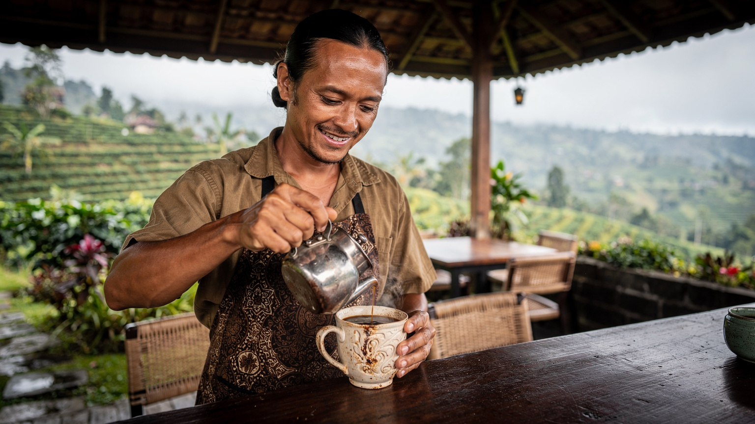 Seorang barista lokal sedang menyajikan kopi Bali hangat di sebuah kafe terbuka di Munduk, dengan latar belakang perkebunan kopi yang rimbun dan perbukitan hijau.