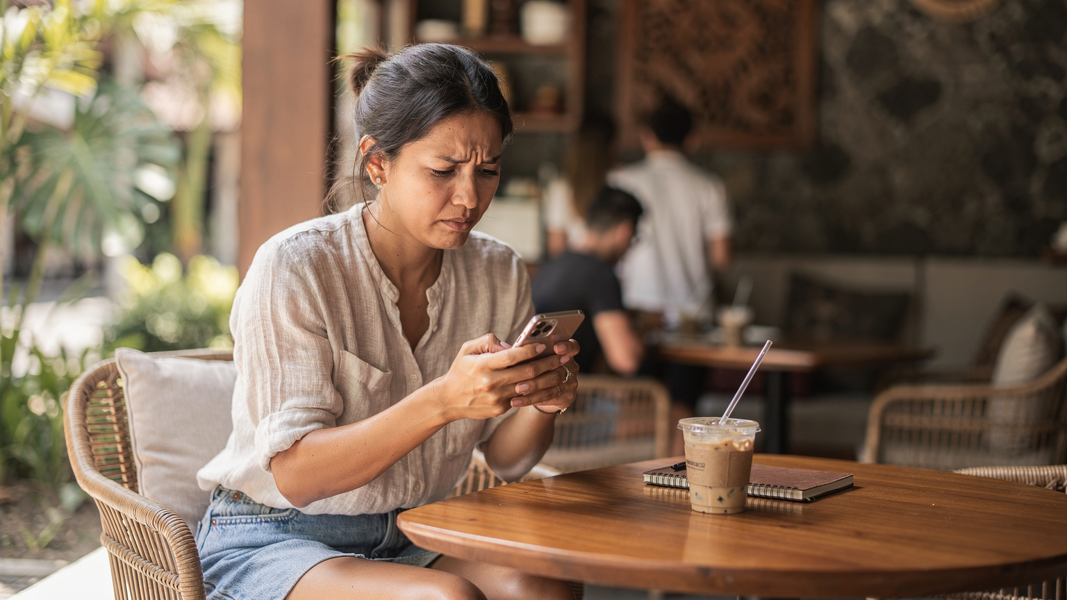 Seorang wisatawan tampak sedikit frustrasi melihat layar ponselnya di sebuah kafe di Seminyak, mungkin karena koneksi internet yang lambat atau masalah teknis kecil, sementara secangkir kopi disajikan di depannya.